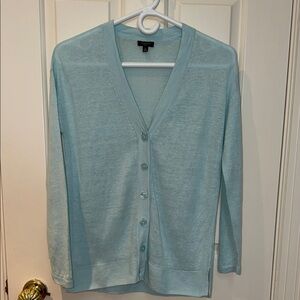 Talbots sz Petite S small 100% linen v neck cardi - ribbed sides robin egg blue